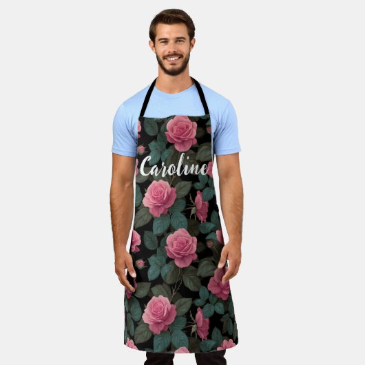 Editable Pink Roses on Black Floral Pattern Custom Schürze (Getragen)