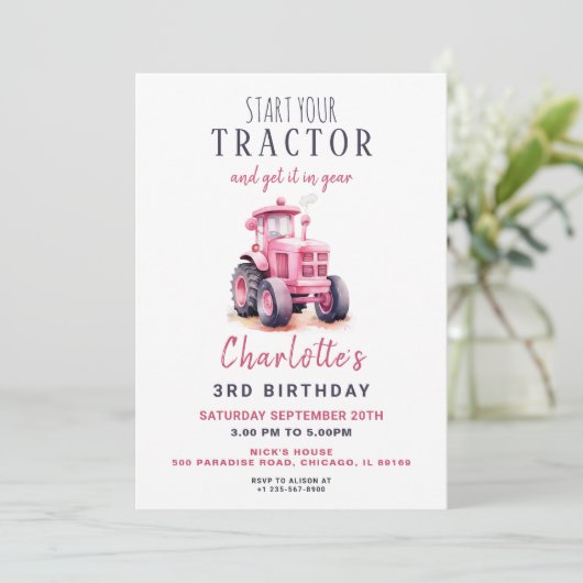 Editable Pink Tractor Birthday Einladung (Stehend Vorderseite)