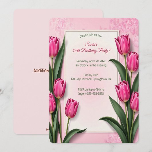 Editable Pink Tulips Einladung (Vorne/Hinten)