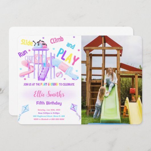 Editable Playground Birthday Foto Einladung (Vorne/Hinten)