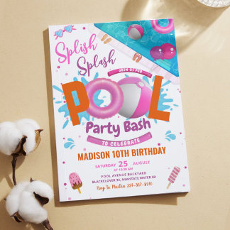 Editable Pool Party Bash Pink Geburtstag Einladung