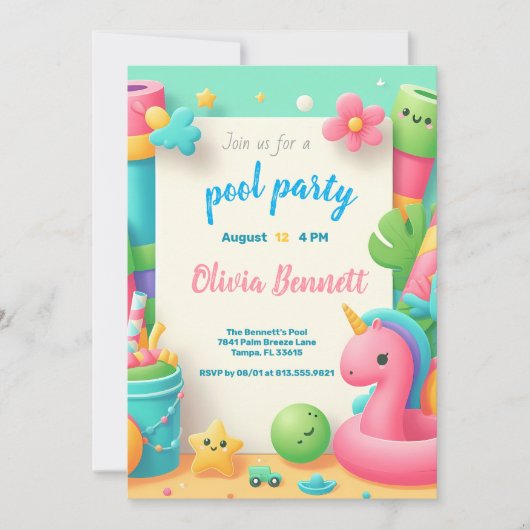 Editable Pool Party Geburtstag Sommerschwimmen Einladung (Vorderseite)