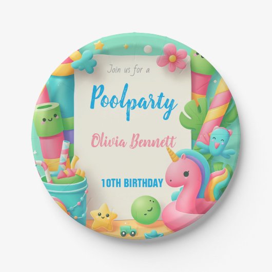 Editable Pool Party Geburtstag Sommerschwimmen Pappteller (Vorderseite)