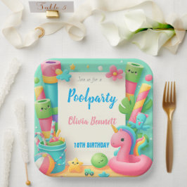 Editable Pool Party Geburtstag Sommerschwimmen Pappteller