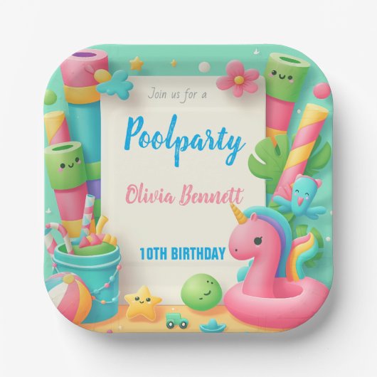 Editable Pool Party Geburtstag Sommerschwimmen Pappteller (Vorderseite)