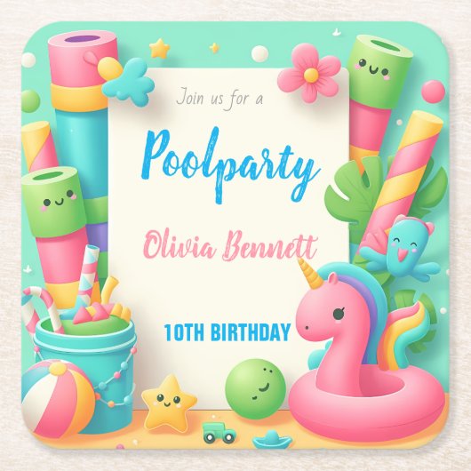 Editable Pool Party Geburtstag Sommerschwimmen Rechteckiger Pappuntersetzer (Vorderseite)