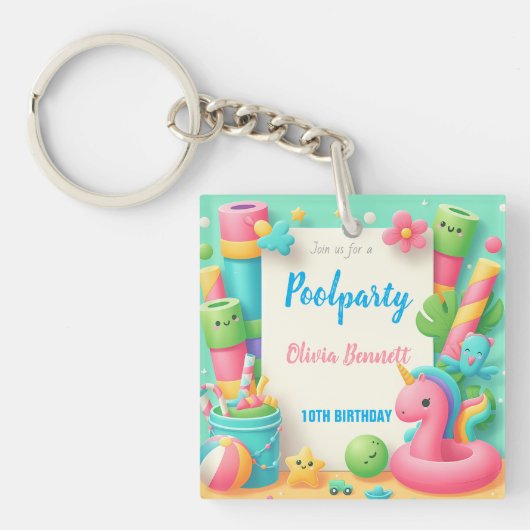 Editable Pool Party Geburtstag Sommerschwimmen Schlüsselanhänger (Vorderseite)