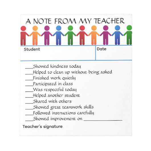 Editable Positive Note From My Teacher Notizblock (Vorderseite)