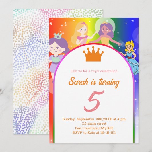 Editable PRINCESS Geburtstagsparty Einladung (Vorne/Hinten)