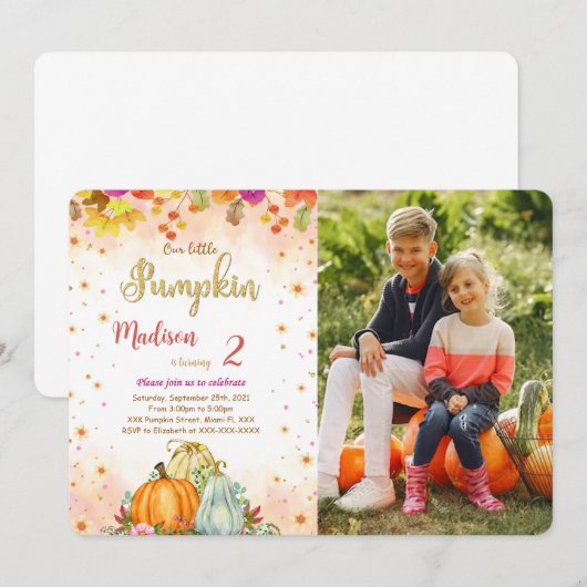 Editable Pumpkin Birthday Foto Einladung (Vorne/Hinten)