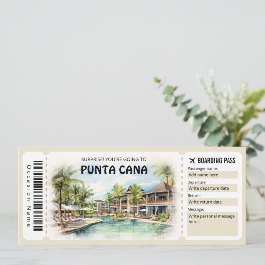 Editable Punta Cana Boarding Pass Flugzeug Ticket Einladung (Stehend Vorderseite)