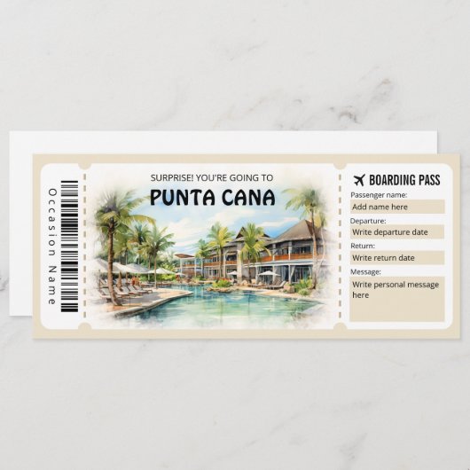 Editable Punta Cana Boarding Pass Flugzeug Ticket Einladung (Vorne/Hinten)