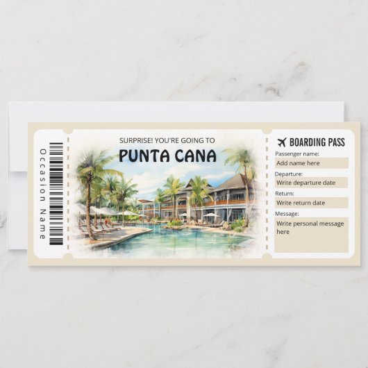 Editable Punta Cana Boarding Pass Flugzeug Ticket Einladung (Vorderseite)