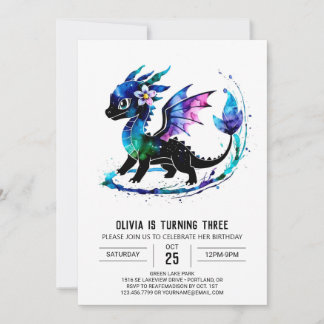 Editable Purple Dragon Digital Girl Birthday Einladung