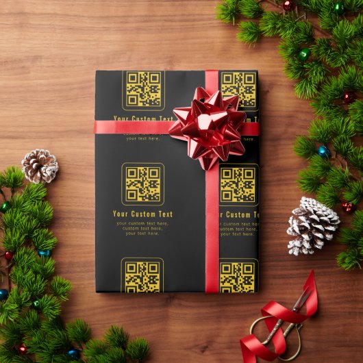 Editable QR Code & Text Template | Black & Gold Geschenkpapier (Feiertagsgeschenk)