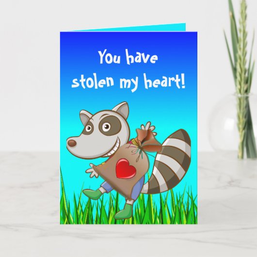 Editable Raccoon Stealing a Heart Valentine's Day Karte (Vorderseite)