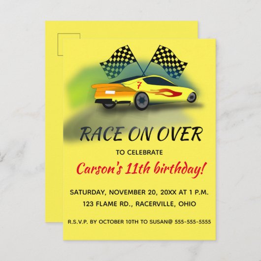 Editable Racing Car Birthday Party Einladungspostkarte (Vorne/Hinten)