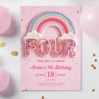 Editable Rainbow Fourth Birthday Invitation, Pink  Einladung