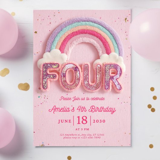 Editable Rainbow Fourth Birthday Invitation, Pink Einladung