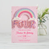 Editable Rainbow Fourth Birthday Invitation, Pink Einladung (Stehend Vorderseite)