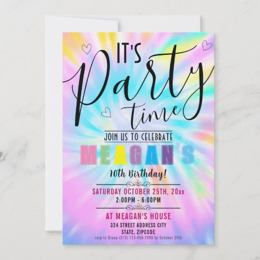 Editable Rainbow Gefärbte Krawatte Birthday Party Einladung (Vorderseite)