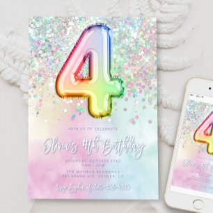 Editable Rainbow Glitzer 4. Geburtstag Einladung 4