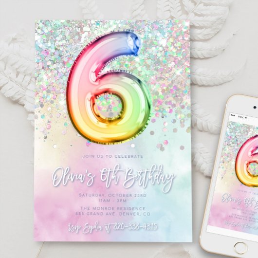 Editable Rainbow Glitzer 6. Geburtstag Einladung 6
