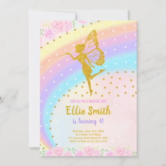 Editable Rainbow Glitzer Fairy Birthday Einladung (Vorderseite)