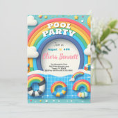 Editable Rainbow Pool Party Geburtstag Sommerschwi Einladung (Stehend Vorderseite)