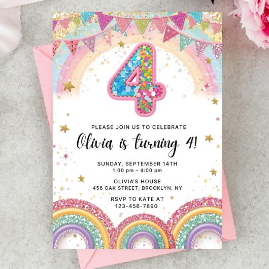 Editable Rainbow Sequin 4th Birthday Invitation Einladung