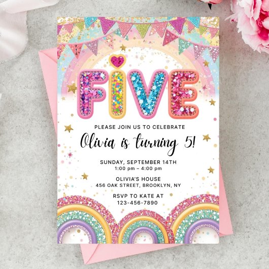 Editable Rainbow Sequin 5th Birthday Invitation Einladung