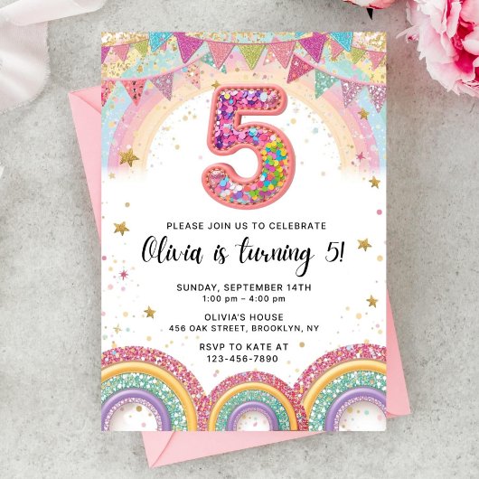 Editable Rainbow Sequin 5th Birthday Invitation Einladung