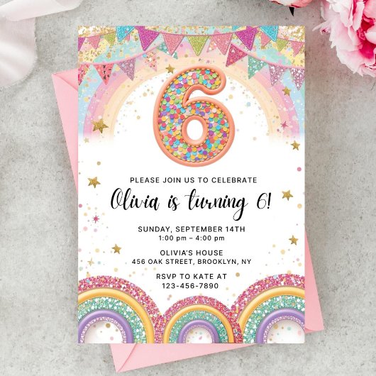 Editable Rainbow Sequin 6th Birthday Invitation Einladung
