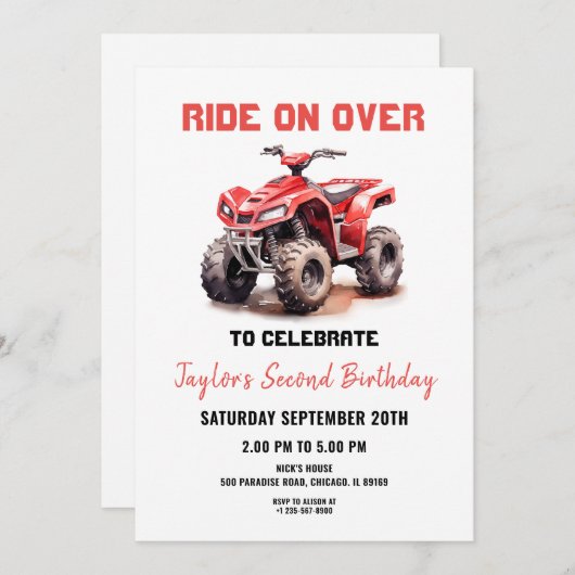 Editable Red ATV Wheeler Bike Einladung zum Geburt (Vorne/Hinten)