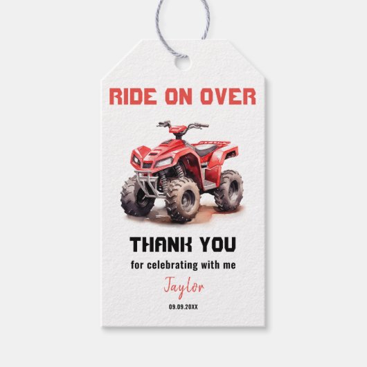 Editable Red ATV Wheeler Bike Geburtstag Geschenkanhänger (Vorderseite)