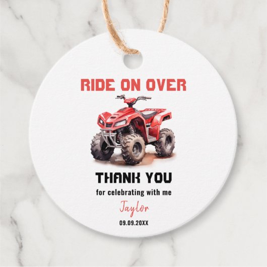Editable Red ATV Wheeler Bike Geburtstag Geschenkanhänger (Vorderseite)
