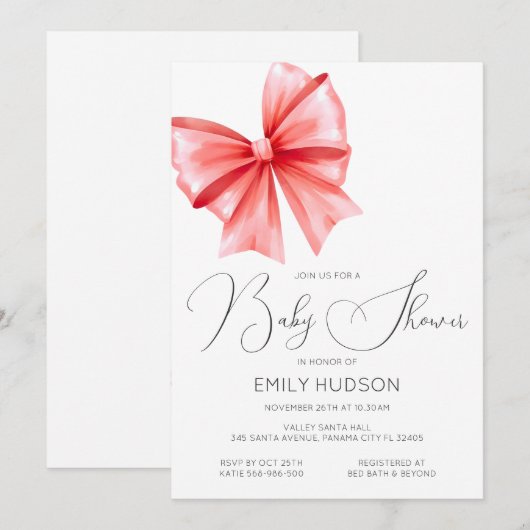 Editable Red Bow Coquette Einladung (Vorne/Hinten)