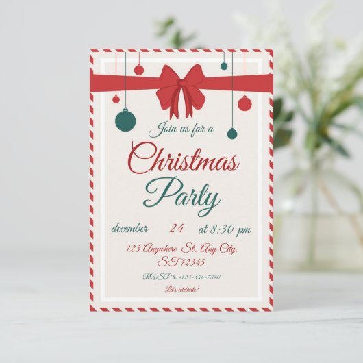 Editable Red Bow Holiday Gathering Invitation  Einladung (Stehend Vorderseite)