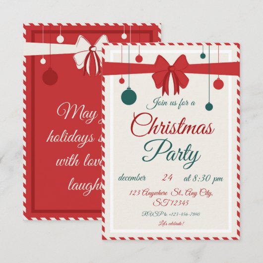 Editable Red Bow Holiday Gathering Invitation  Einladung (Vorne/Hinten)
