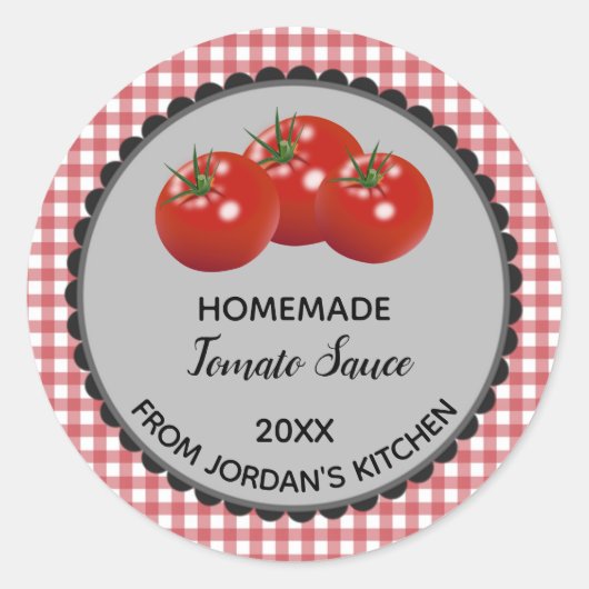 Editable Red Gingham Tomato Sauce Label Stickers (Vorderseite)