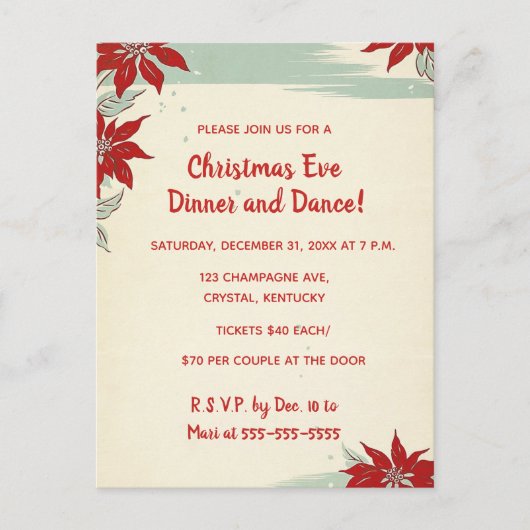 Editable Red Poinsettias Christmas Dinner Dinner T Einladungspostkarte (Vorderseite)