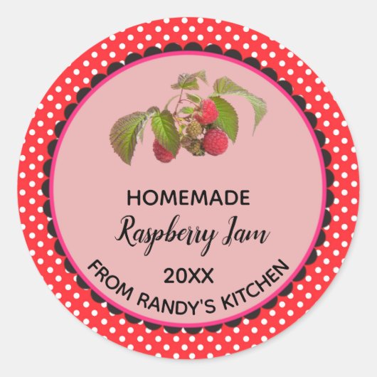 Editable Red Polka Dot Raspberry Jam Label Runder Aufkleber (Vorderseite)