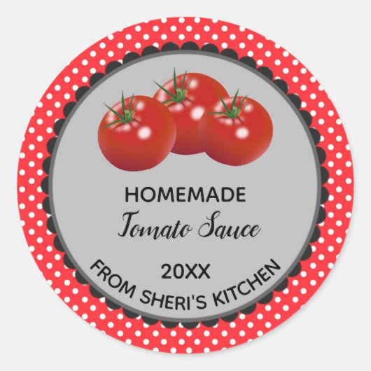 Editable Red Polka Dot Tomato Sauce Label Stickers (Vorderseite)