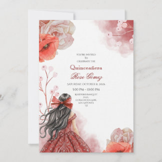 Editable Red Watercolor Quinceañera Einladung
