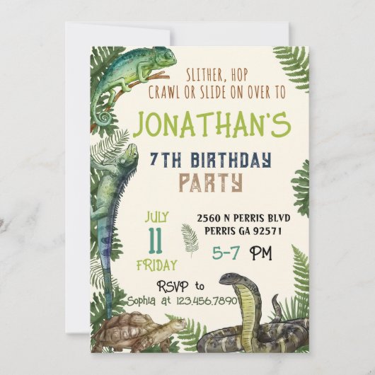 Editable Reptile Birthday Einladung Vorlage (Vorderseite)