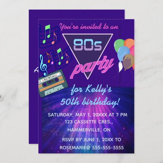 Editable Retro 80er Birthday Party Einladung (Vorne/Hinten)