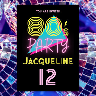 Editable Retro 80er Party Neon Pink 12. Geburtstag Einladung