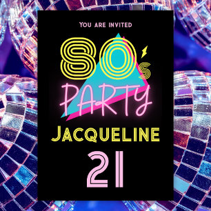 Editable Retro 80er Party Neon Pink 21. Geburtstag Einladung