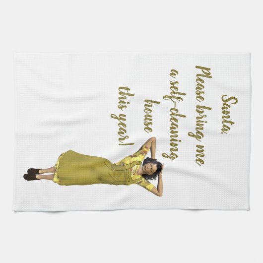 Editable Retro Lady Self Clean House Anfrage Geschirrtuch (Horizontal)