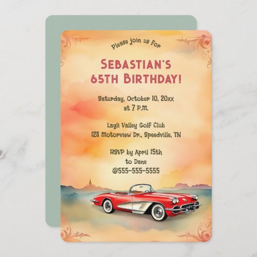 Editable Retro Red Car Einladung (Vorne/Hinten)